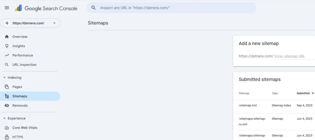 Скриншот (пример) отправка sitemap в Google Search Console